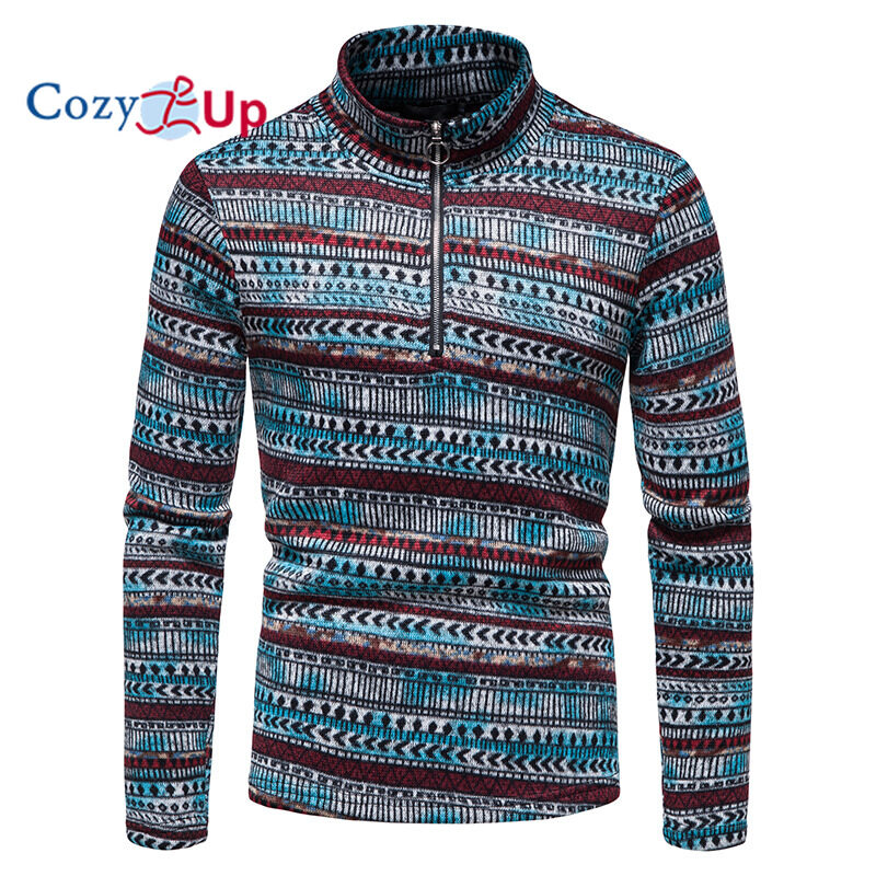 Cozy Up Men Long Sleeve Sweater Zip Access Control Stand Collar Casual Batik Pullover