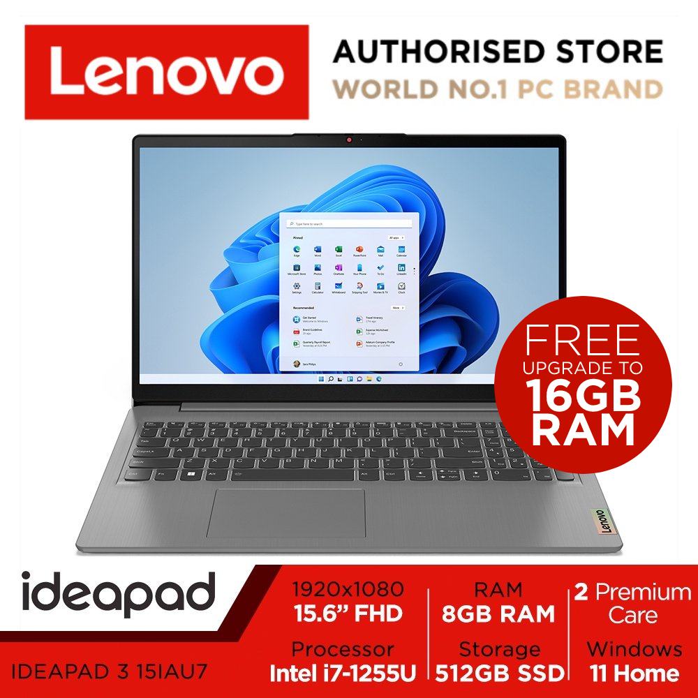 Lenovo IdeaPad 3 15IAU7 | 82RK006USB | 15.6" FHD (1920x1080) | Intel Core i7-1255U | Intel Iris Xe Graphics | 8GB DDR4 | 512GB SSD | Win11 Home | 2Y Premium Care
