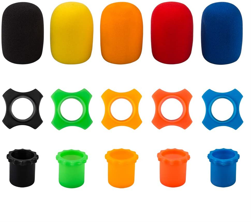 Shakeproof Anti-Rolling Wireless Handheld Microphone Protection Silicone Ring (5 PCS), Bottom Rod Sleeve Holder (5 PCS), Windscreen Foam Cover (5 PCS) for KTV Device, Assorted Colors