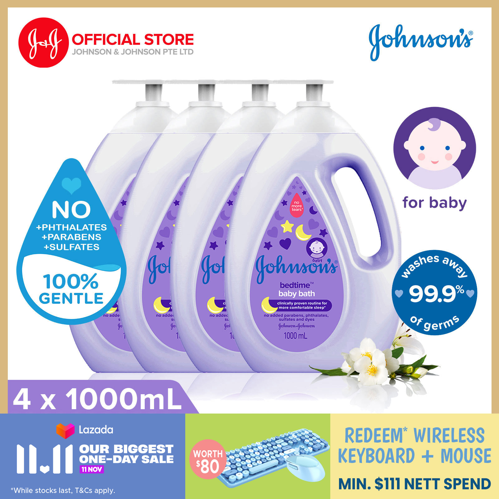 [Bundle of 4] Johnson's Bedtime Bath 1L Baby Shower (Help comfort baby before sleep)