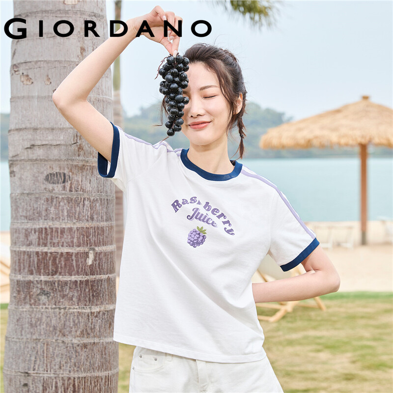 GIORDANO Women T-Shirts Fruit Print 100% Cotton Quality T-Shirts Short Sleeve Summer Contrast Crewneck Casual T-Shirts 05322398