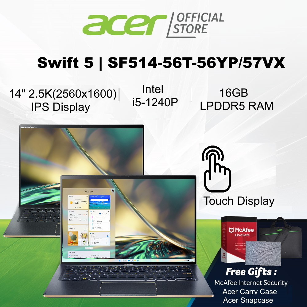 [12th Gen Intel i5-1240P] Acer Swift 5 SF514-56T-56YP/57VX(Blue/Green)14-Inch 2.5K IPS Touch 100% sRGB Display Laptop