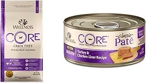 Wellness CORE Grain-Free Kitten Dry + Wet Food: Dry Cat Food, 5 Pound Bag + CORE Grain Free Wet Canned Cat Food, Kitten Turkey & Chicken Liver, 5.5-Ounce Can (24 Count)