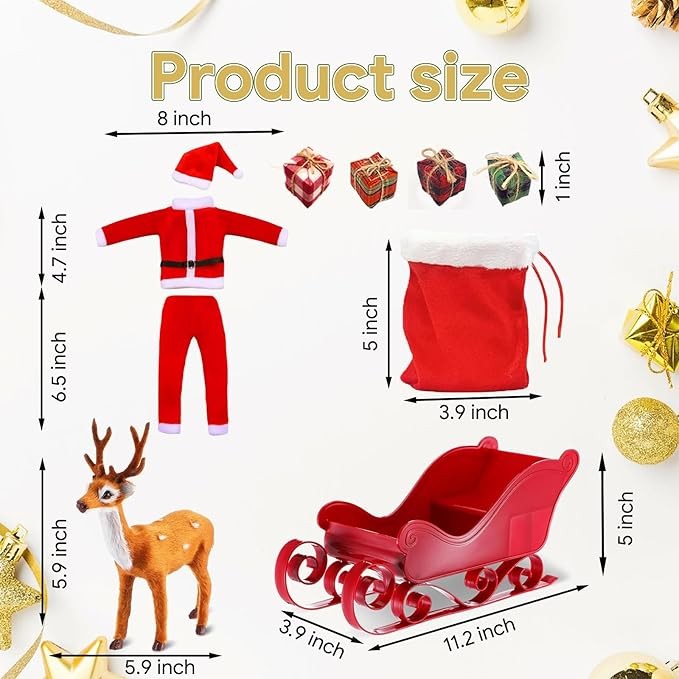 Christmas Elf Accessories - 10Pcs eLF on The Shelf Props Include E lf Christmas Outfit,Sledge, Reindeer,Gift Bag, Gifts Boxes,Xmas Elf Clothes and Accessories Gift for Kids, Reindeer