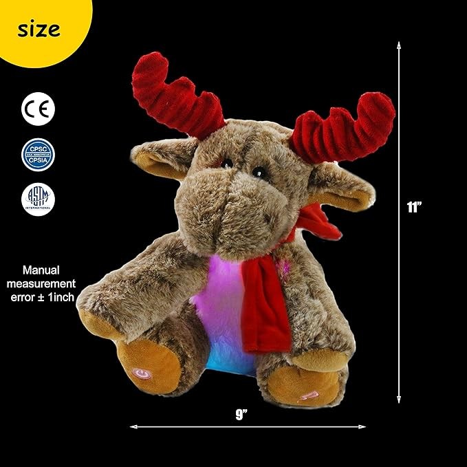 Bstaofy LED Musical Reindeer Stuffed Animal Light up Plush Toy Soft Adorable Singing Animate Pals for Kids, 11''